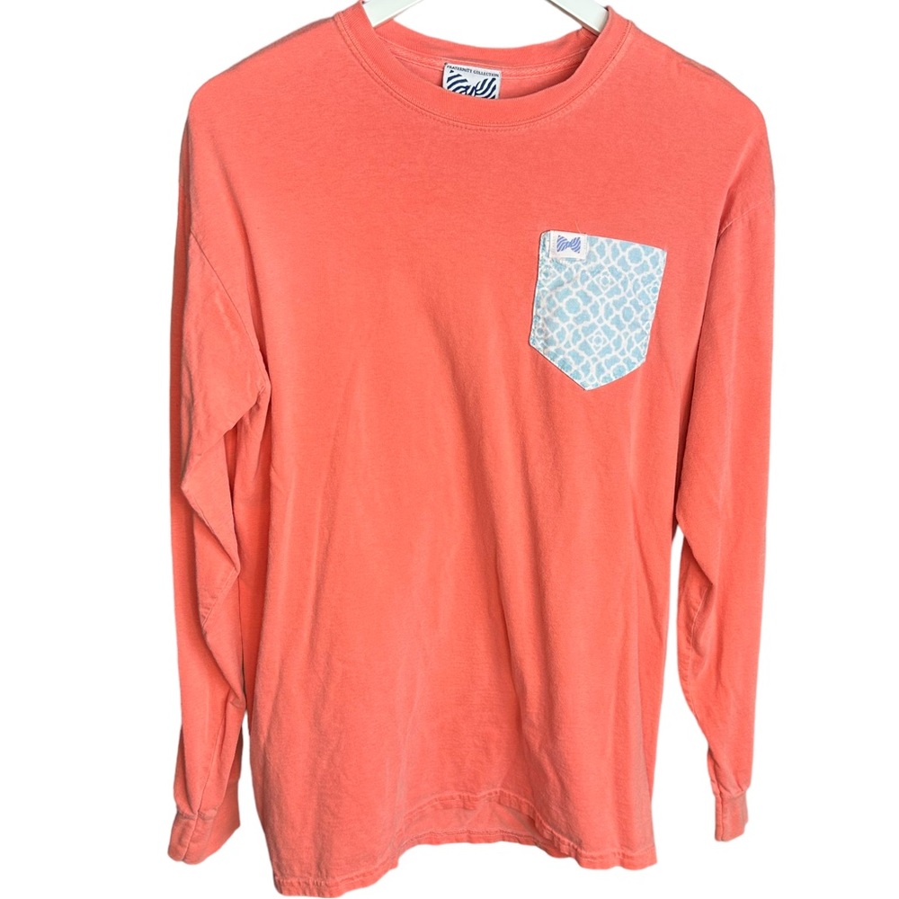 Fraternity collection Long Sleeve coral pink peach T Shirt zigzag Pocket Size M